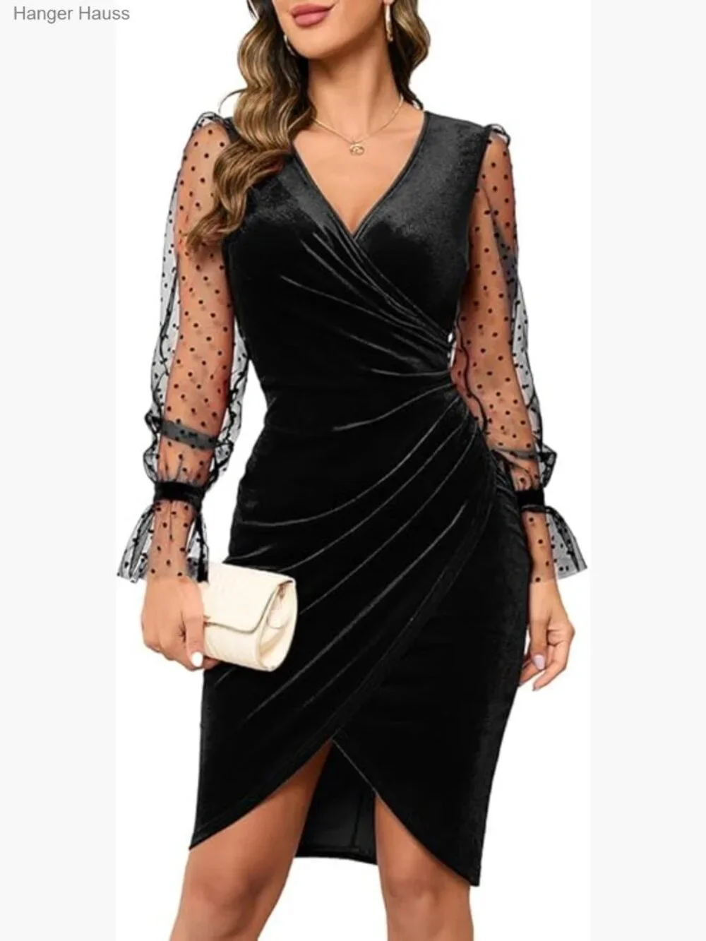 Sexy Velvet Sheath Bodycon Dress with Long Sheer Sleeves Ruched Waist Cocktail